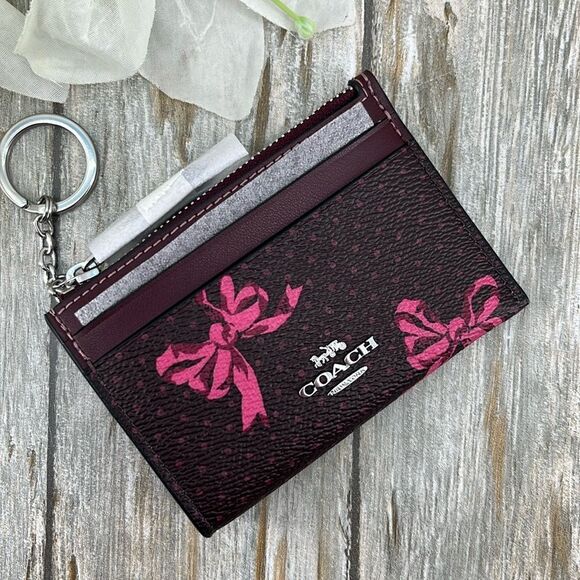 Coach Mini Skinny Id Case With Bow Print Wallet Bag Purse - Picture 1 of 11